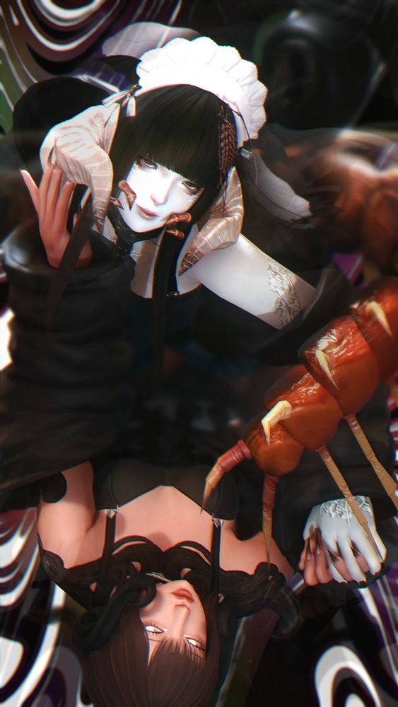 @dollice's oc, centi (raen au ra with centipede features) on top of lola (au ra adjacent oc, black swirls on their body with black swirly horns). they are both looking at the viewer, clasping hands on one side while lola rests their hand on centi's shoulder on the other.

the background is filled with multicolored swirls. the image is edited in a distorted way, where traces of each character's image trails off of them like an oil spill.