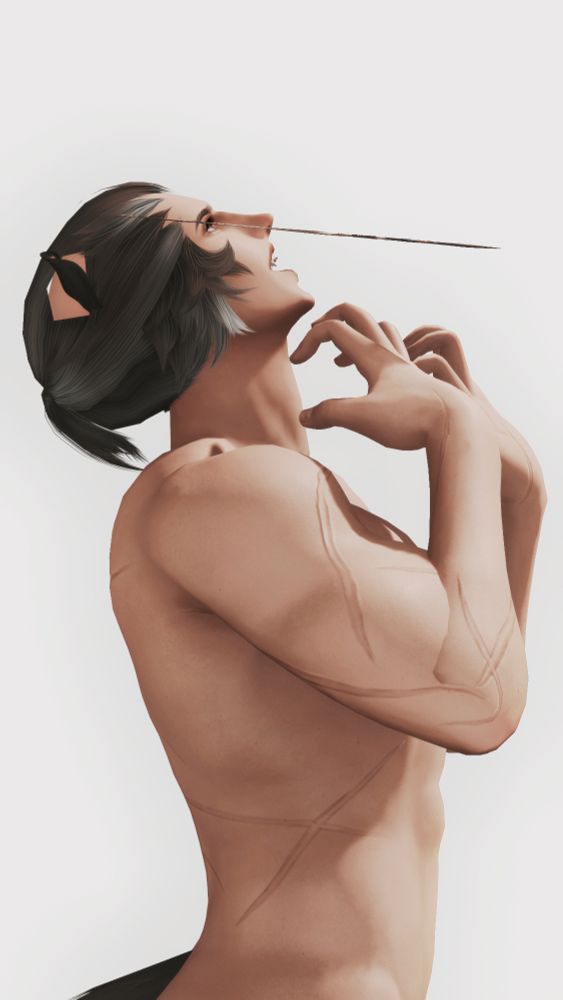 a topless man with scars on his body facing to the right. he is looking up in pain, his hands writhing upwards. there is something sharp overlapping his eye.