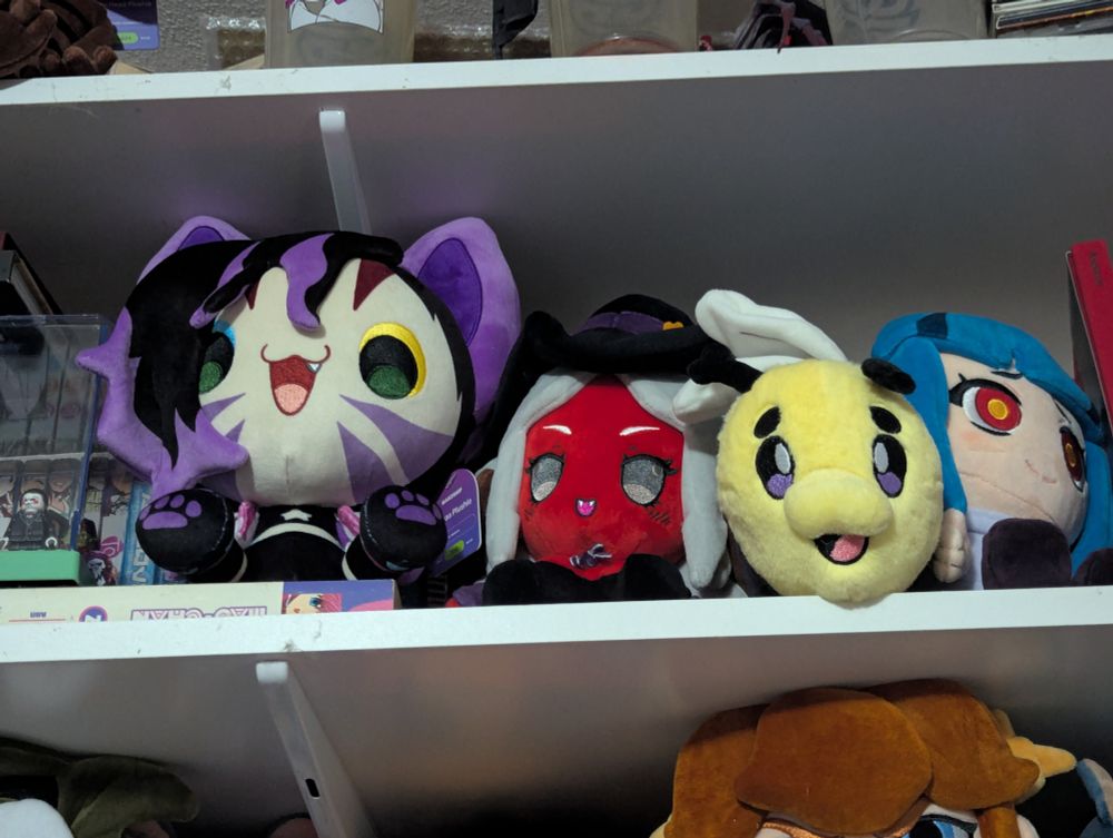 Photo of a shelf with plushies on it.