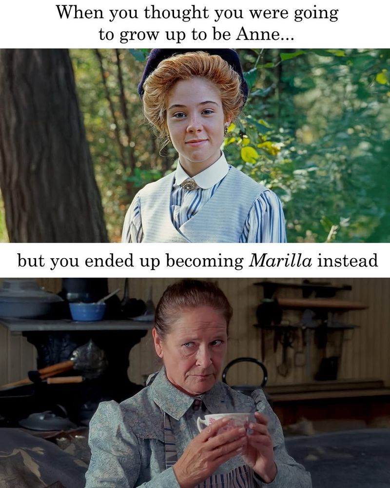 A two-panel meme featuring characters from Anne of Green Gables. The top panel shows a young Anne Shirley with curly red hair, wearing a blue and white dress with a vest, standing outdoors in the sunlight, smiling. The text above reads, “When you thought you were going to grow up to be Anne…”. The bottom panel features Marilla Cuthbert, an older woman with her hair pulled back, wearing a high-collared blouse and an apron, sitting in a rustic kitchen, holding a teacup with a skeptical expression. The text below reads, “but you ended up becoming Marilla instead.”