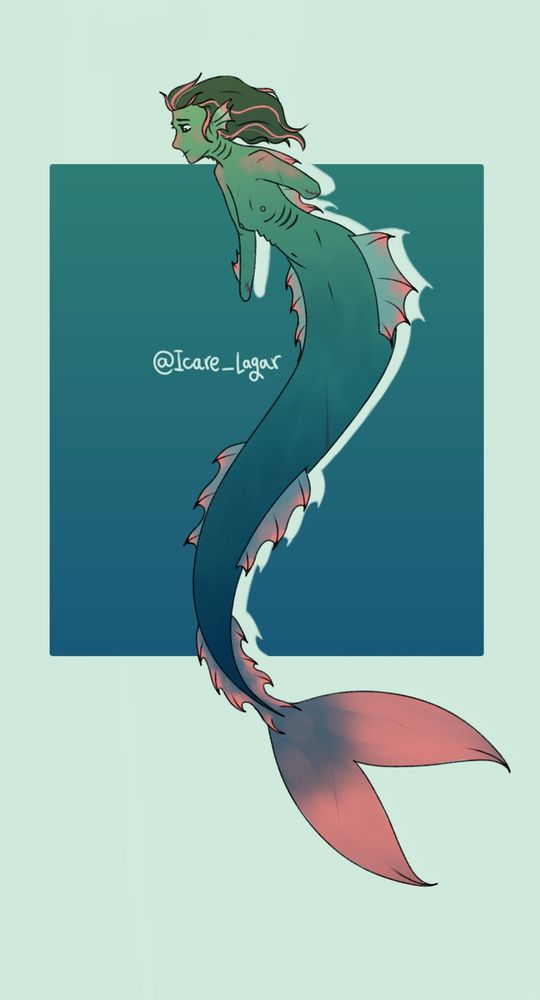Dibujo de una sirena hecho en digital. El estilo es tirando a 2d, plano sin muchas sombras o iluminación. Se trata de una sirena con la cola muy larga y aletas puntiagudas, pelo ondulado no muy largo, con branquias en el cuello y bajo las costillas. También tiene varias cicatrices y le faltan los brazos, los cuales tienen unas cicatrices de haber sido amputados. La parte superior de la sirena (cabeza y torso) es de color verde azulado, y poco a poco el color va cambiando a azul verdoso y marino conforme baja por su cuerpo hasta llegar a la punta de su cola. Tanto está como las puntas de sus aletas tienen un ligero color rosado que contrasta con los tonos fríos de su piel. Su pelo es verde oliva con mechas rosas. Tiene una expresión ligeramente triste. Va a tetabrisa lol