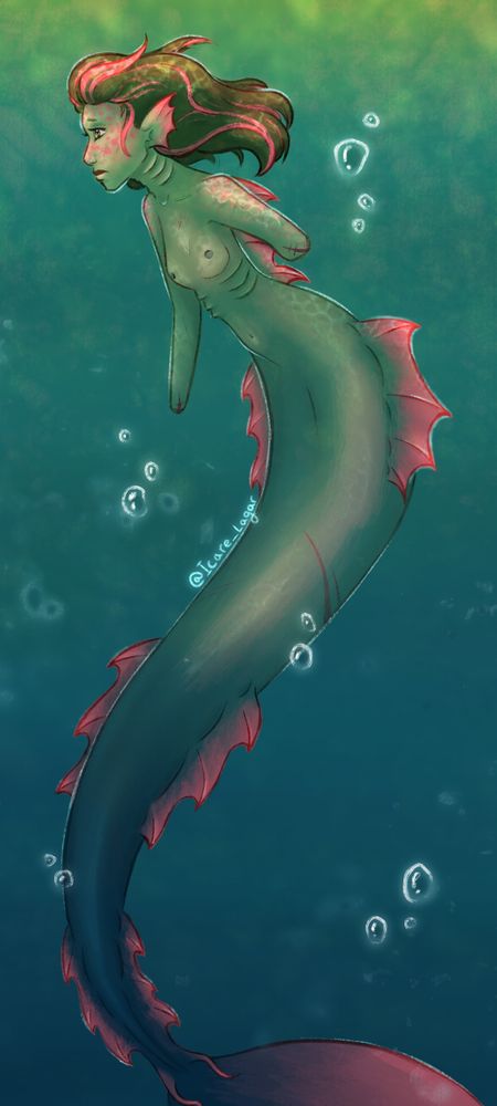 Dibujo de la misma sirena anterior, está vez un poco más renderizado, con sombras y luces. En algunas partes de su cuerpo se refleja la luz que atraviesa el agua y se aprecian ligeramente las sombras de la superficie. También hay burbujas a su alrededor, y la silueta de la sirena está ligeramente resaltada con un brillo blanco para poder distinguirla mejor del fondo. Sigue yendo a tetabrisa jeje