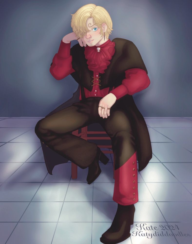 Model Sanji sits on a chair, resting his head on his hand. He wears a red and black suit with heeled boots. The light around him reflects off the tile floor.