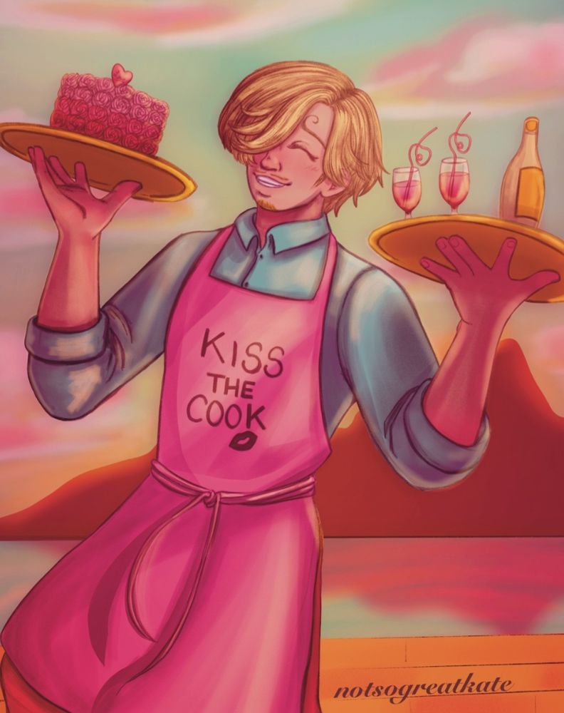 Sanji smiles while holding a tray of cake and drinks. His pink apron reads "kiss the cook" and a mountain reflects off the water in the background.