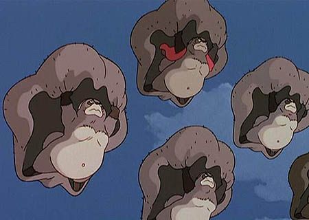 The tanuki from Pom Poko using their extremely large scrotums as parachutes 