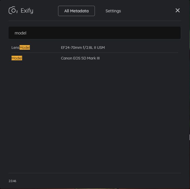 Exify search dialog screenshot.