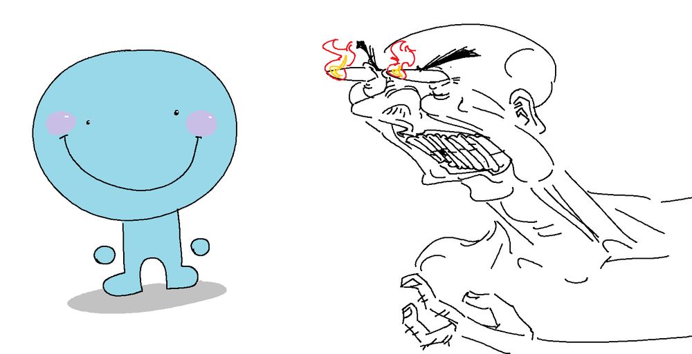a elderly man is fuming against a harmless little blue guy with a big cheery smile