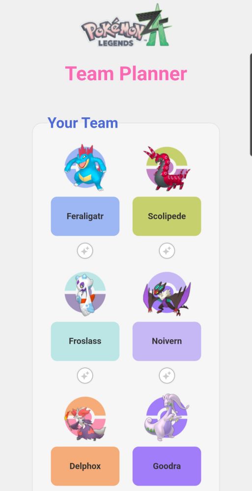 List of 6 pokemon 
Pokemon Legends za logo on top 
Pokemon shown 
Feealigatr 
Scolipede
Froslass
Noivern 
Delphos
Goodra 
