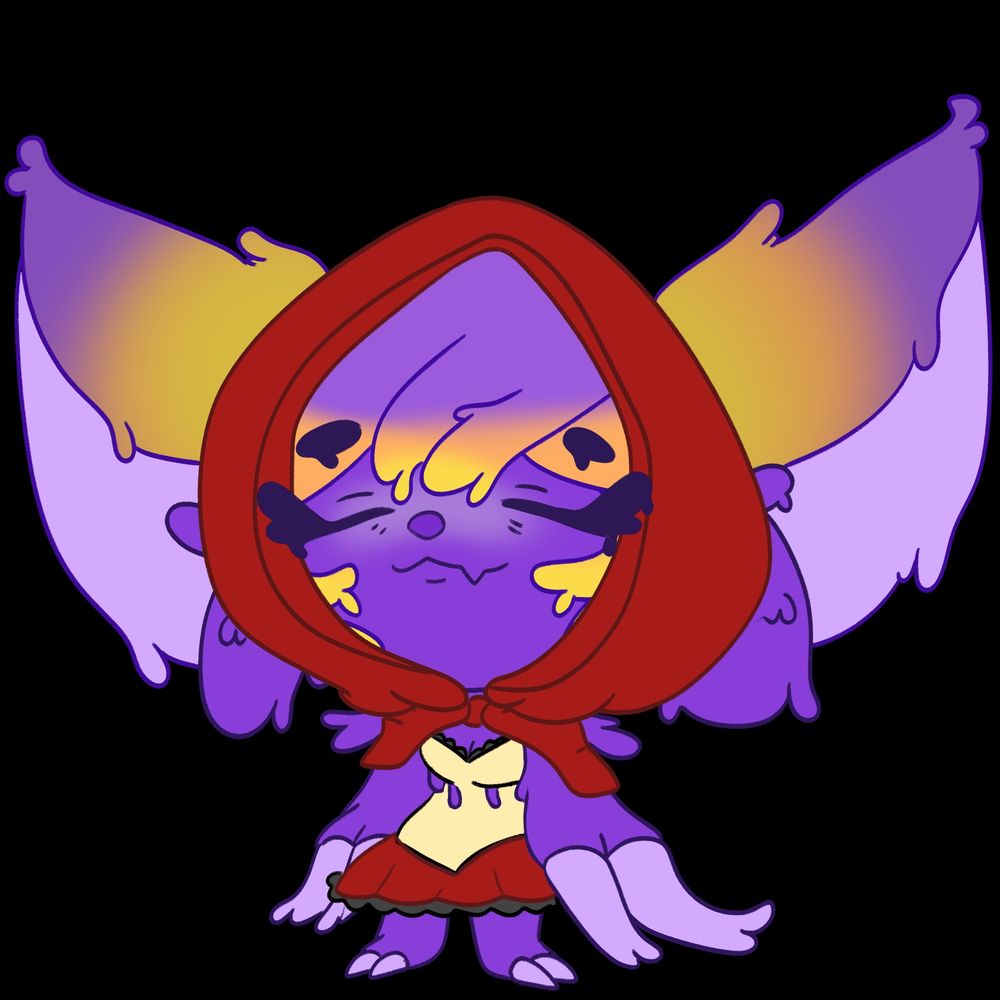 A chibi penny illustration.
She is tiny and made of goo. 
Has big ears closed eyes and a 3 smile. 
Wearing a red ridding hood outfit 