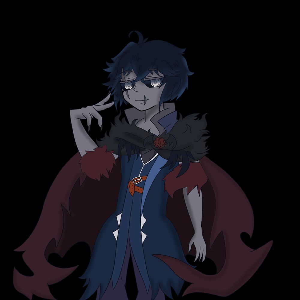 vampire human. 
WEaring a blue coat with a red cape. 
Has grayish skin with scars on his eye and lips. 