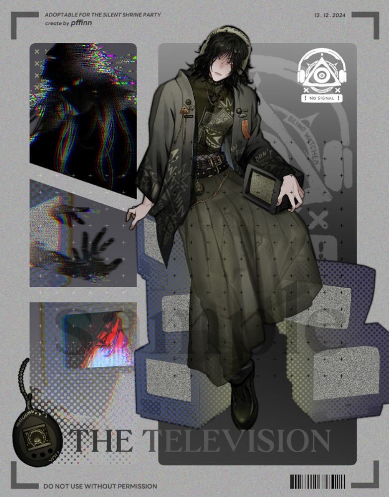 men character adoptable with a psychological horror theme, alternative fashion mixed Japanese style, spirit in the cursed TV