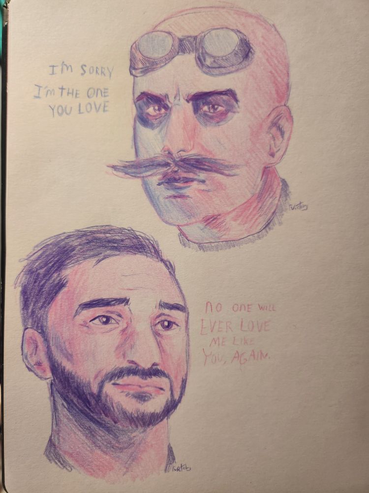 pencil drawing of Jim Carrey as Ivo Robotnik and Lee Majdoub as Agent Stone, the lyrics of Mitski's i'm your man read "I'm sorry I'm the one you love -- no one will ever love me like you, again"