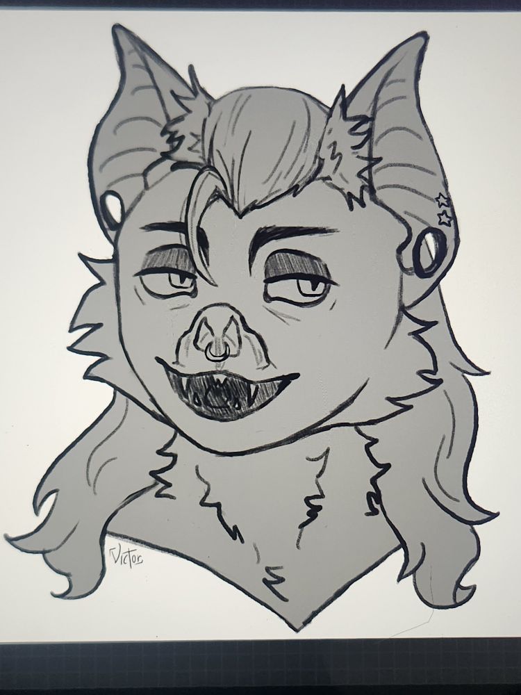 headshot drawing of an anthropomorphic vampire bat with a septum ring and gauged ears, colored in one shade of grey