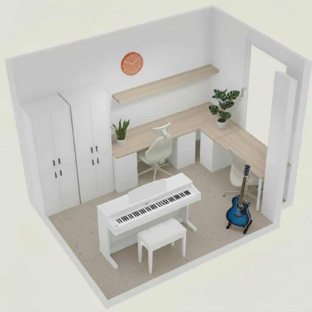 Proyecto de habitación. En la pared de la ventana, un escritorio Lagkapten / Alex con su silla. Perpendicular en la otra pared otro escritorio idéntico, y a su lado dos armarios/estanterías. En la pared opuesta un piano blanco y una guitarra azul.