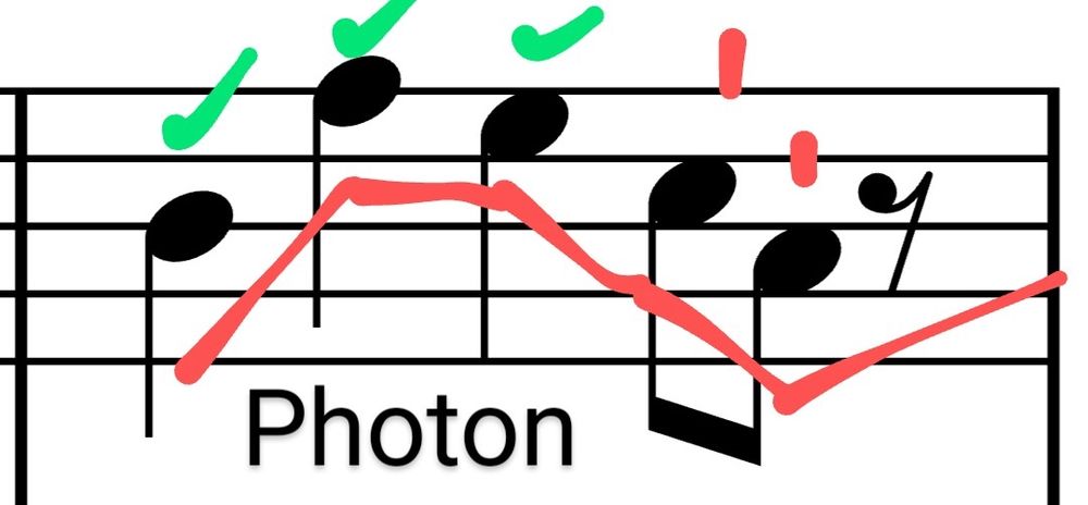 Notas que conforman el leitmotif de photon: un compás en 9/8, 3 negras, 2 corcheas y un silencio de corchea, en orden las notas son: Si Fa# Mi Do# La Notaciones a color: las tres primeras notas un tick verde, las otras dos una señal roja. Debajo una linea roja que representa los saltos.