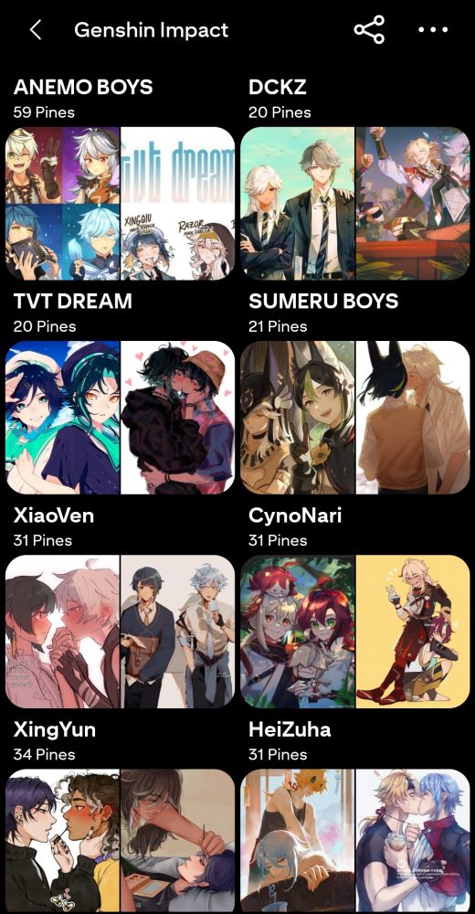 Subtableros de mi tablero de Pinterest "Genshin Impact" lleno de fanarts:
Assembles:
TVT DREAM
SUMERU BOYS
Ships:
XiaoVen
CynoNari
XingYun
HeiZuha
SethoScara
ThomAto