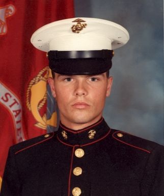 young Caucasian male in dress uniform -- formal photo for US Marines, 1985