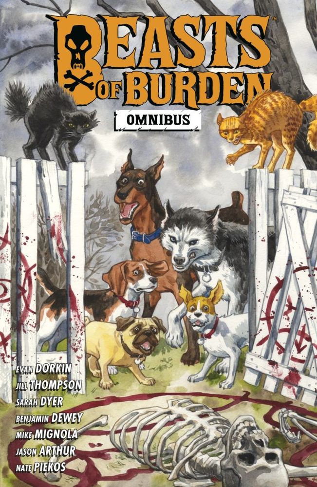 The Beasts of Burden Omnibus available from Dark Horse Comics. Cover art of five dogs and two cats discovering a human skeleton inside a pentagram made of blood. Art by series co-creator Jill Thompson.