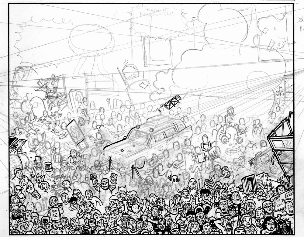 Process of an overcrowded, overdetailed panel of a panicked mob at the San Diego Comic Con, from the last Eltingville Club story. Mostly scribbles, half-assed perspective lines and some inked crowd members.