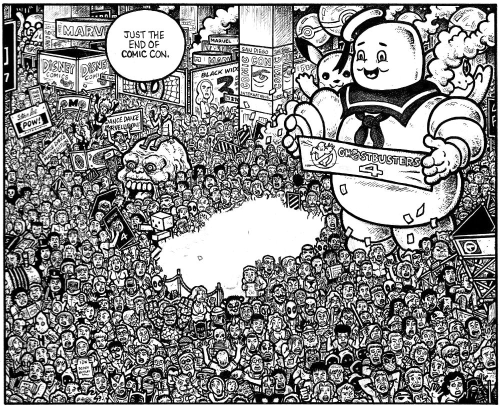 Process of an overcrowded, overdetailed panel of a panicked mob at the San Diego Comic Con, from the last Eltingville Club story. Everything inked except the section in the middle where an Ecto-1 from Ghostbusters needs to go. Word balloons edited down to a single balloon, which is lettered.