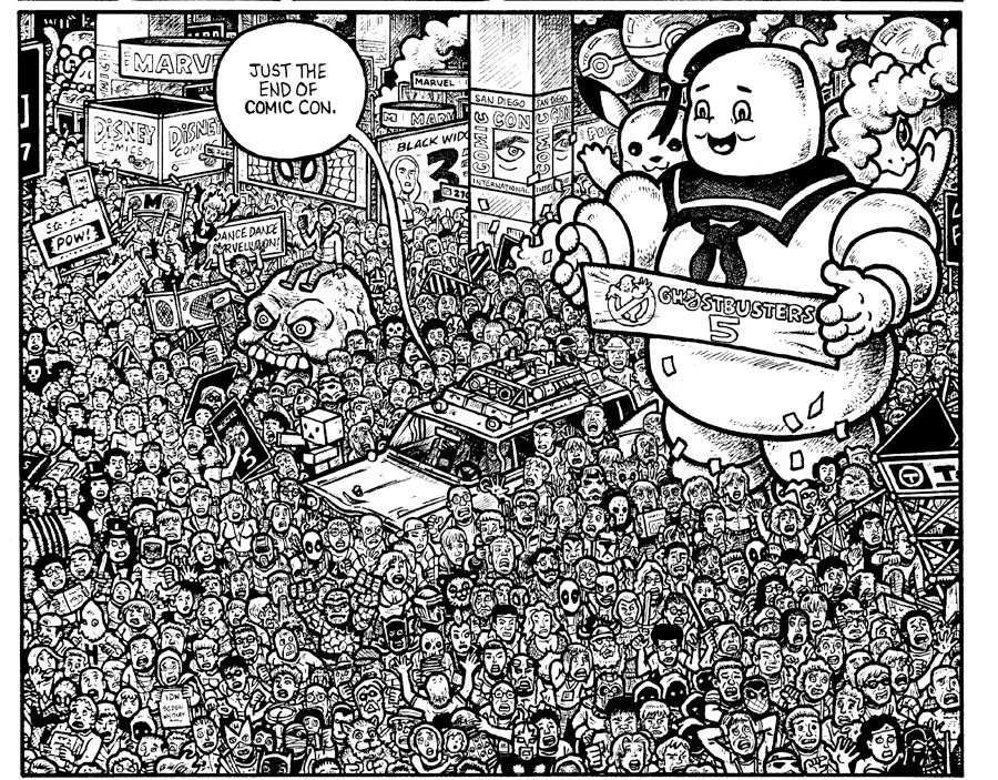 Final version of an overcrowded, overdetailed panel of a panicked mob at the San Diego Comic Con, from the last Eltingville Club story. I screwed up the Ecto-1 and had to draw a complete vehicle which Sarah dropped into the panel digitally. The panel probably took me a week's work between drawing, inking, fucking it up and reworking it and fucking it up at least one more time. The entire issue went like that. I turned it into a complete financial ruin. Haven't drawn a complete issue of a comic since. Might not ever, the way things are going. At least I got a bunch of them done while I had the energy.