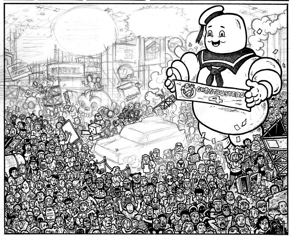Process of an overcrowded, overdetailed panel of a panicked mob at the San Diego Comic Con, from the last Eltingville Club story. Most of the crowd inked in, some background pencils firmed up and some word balloon placements added.