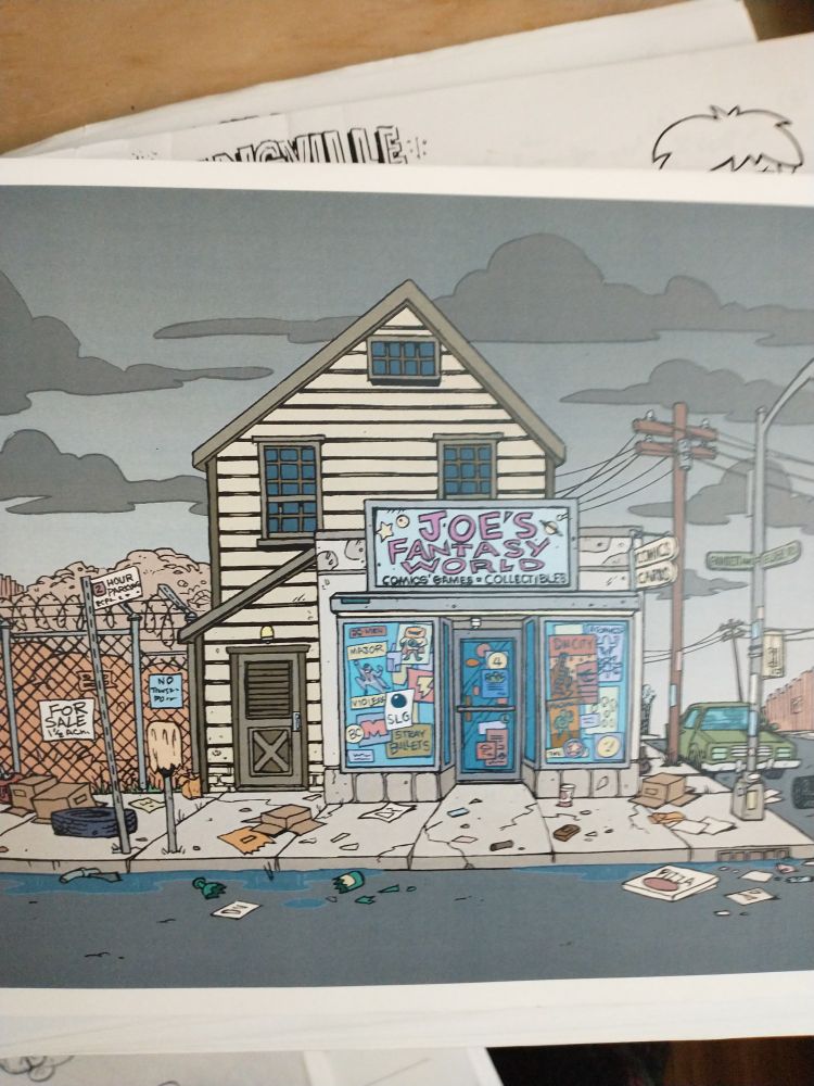 Printout copy of a background from the Welcome to Eltingville pilot, Joe's Fantasy World, a ramshackle comic shop on the outskirts of a landfill. 