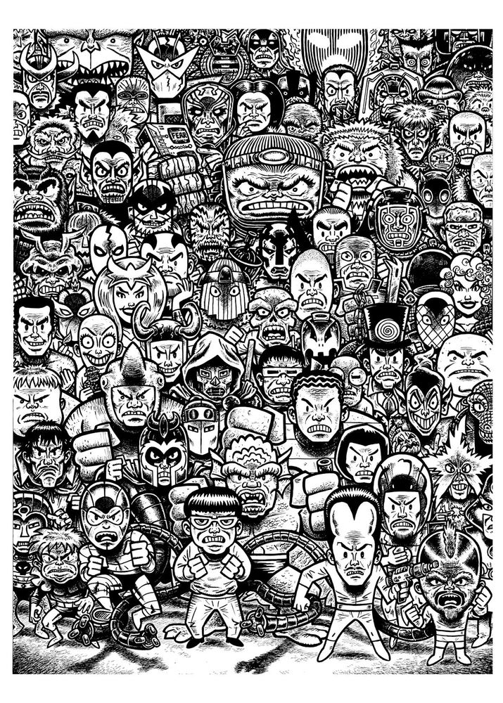 Large drawings of scores of classic Marvel villains, most designed/created by Jack Kirby and Steve Ditko with Stan Lee. Drawn in simple, little cartoony style with big heads and dot eyes. It was supposed to be a simple "fun" drawing that got out of hand (touches of OCD). It's very detailed and took me many hours to do over the course of a couple of years. 