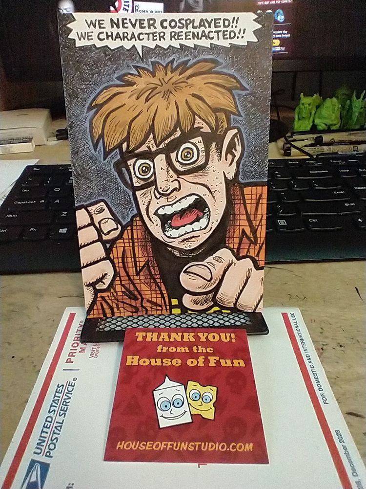 A 4 by 6 inch ndex card color drawing of Bill Dickey from The Eltingville Club. newly listed on ebay. With a House of Fun "Thanks You" card.