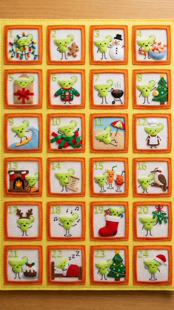Handmade felt Advent calendar on yellow background, 24 numbered windows in grid, [orange] felt frames with embroidered [lime green] numbers. Each window shows a small [Margarita cocktail] in different christmas preparation activities. Window 1: [lime green Margarita cocktail] tangled in Christmas lights. Window 2: [lime green Margarita cocktail] with a cookie. Window 3: [lime green Margarita cocktail] with a snowman. Window 4: [lime green Margarita cocktail] with prawns in a bowl. Window 5: [lime green Margarita cocktail] wrapped in paper. Window 6: [lime green Margarita cocktail] with a person in an ugly sweater. Window 7: [lime green Margarita cocktail] with a BBQ. Window 8: [lime green Margarita cocktail] hanging ornament on tree. Window 9: [lime green Margarita cocktail] surfing a wave. Window 10: [lime green Margarita cocktail] struggling with gift wrap. Window 11: [lime green Margarita cocktail] on a beach. Window 12: [lime green Margarita cocktail] wearing apron. Window 13: [lime green Margarita cocktail] cozy by fireplace. Window 14: [lime green Margarita cocktail] and a list of presesents. Window 15: [lime green Margarita cocktail] with 2 other cocktails. Window 16: [lime green Margarita cocktail] and a kookaburra. Window 17: [lime green Margarita cocktail] wearing reindeer antlers. Window 18: [lime green Margarita cocktail] singing with music notes. Window 19: [lime green Margarita cocktail] filling Santa sock. Window 20: [lime green Margarita cocktail] under mistletoe. Window 21: [lime green Margarita cocktail] with plum pudding. Window 22: [lime green Margarita cocktail] sleeping "zzz". Window 23: [lime green Margarita cocktail] next to a christmas tree. Window 24: [lime green Margarita cocktail] wearing Santa hat. Cute handcrafted felt aesthetic, visible stitching, lime green Margarita cocktail consistent across all windows, cozy warm lighting, maximum charm.