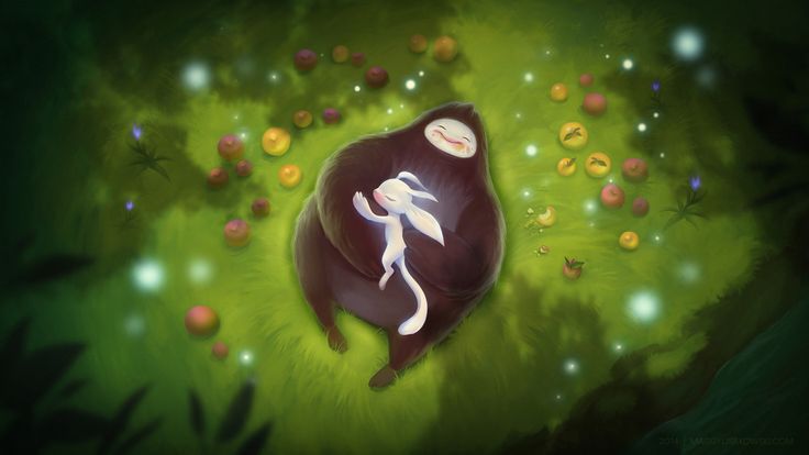 Desenho inspirado no jogo Ori and The Blind Forest, em que Ori e Naru estão deitados numa grama repleta de frutas.
