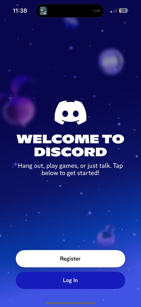 iOS Discord App screenshot showing two buttons labelled 'Register' and 'Log In'