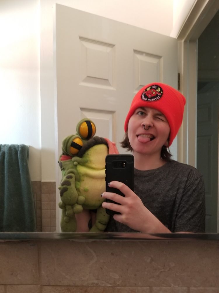 Frog puppet and person making a funny face in the mirror