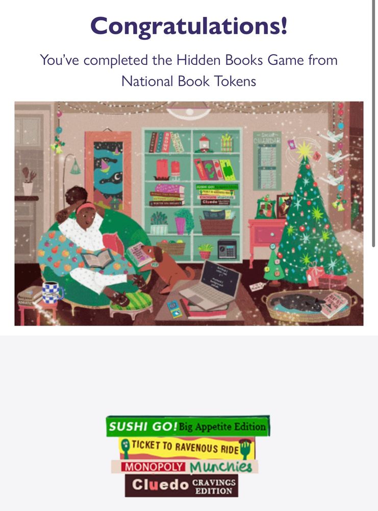 The final screen of the hidden books game where it says: congratulations! You’ve completed the hidden books game from national book tokens 