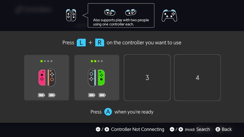 Player 1 has a left Joy Con 1 with a right Joy Con 2, Player 2 has a left Joy Con 2 and a right Joy Con 1