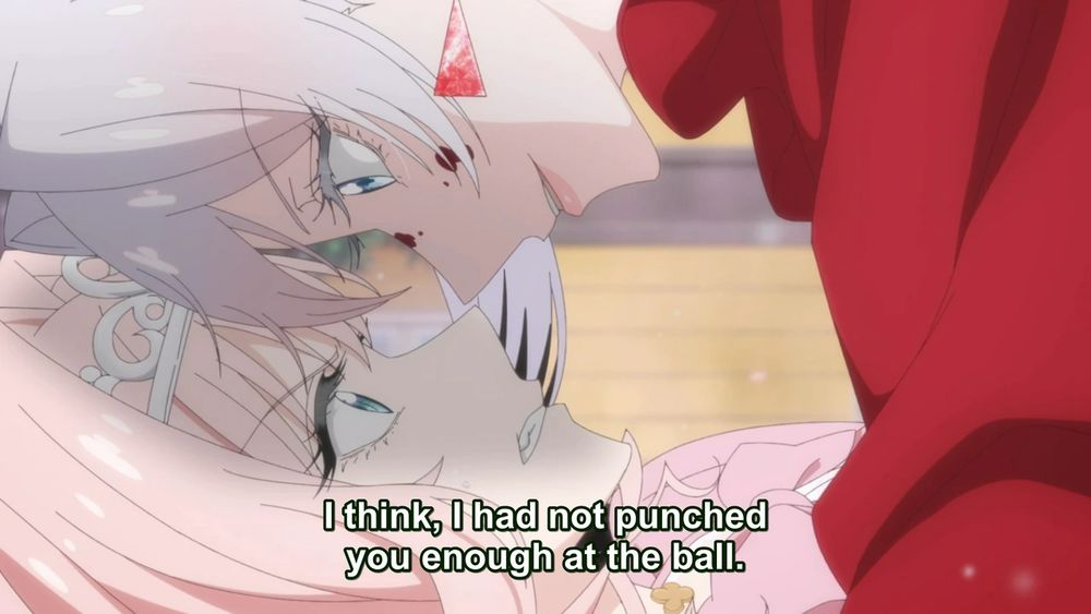 A white haired woman (Scarlett) with red flecked crystal earrings, blood splatter on her face and a red dress is on top of a pink haired woman (Terenezza) wearing a pink dress and a tiara, their noses almost touching. Scarlett has a wicked grin and is saying "I think, I had not punched you enough at the ball", while Terenezza grits her teeth in anger.