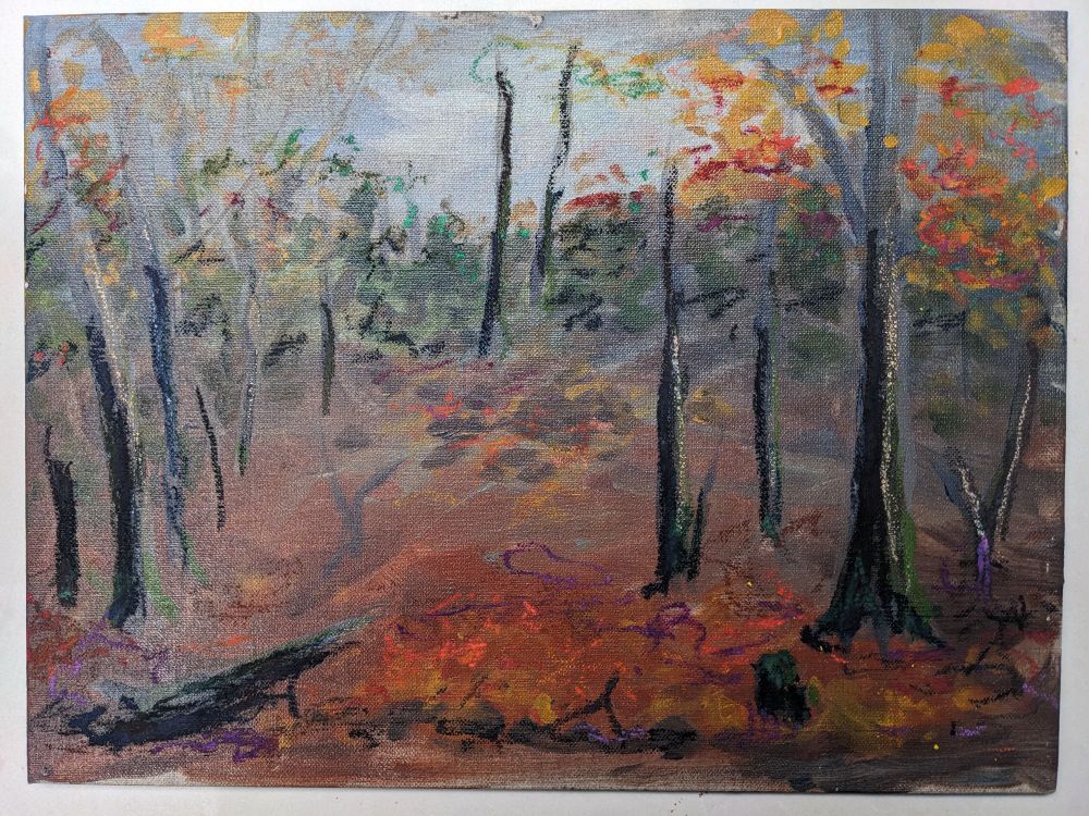 Painting of an autumn forest on a misty day 