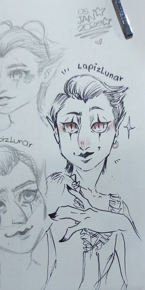 Fanart of human Stolas, pencil drawing. There are three versions but only one has a dark lineart. This one has big red eyes, fine eyeliner, has a sassy smile, pointy ears and black nails.

keywords: helluva boss, Stolas, human Stolas, pencil sketch, illustration, sketchbook, drawing.