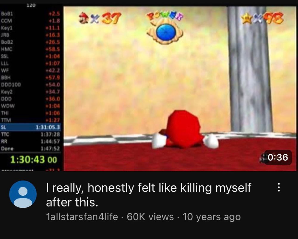 mario 64 speedrun video titlted "I really, honestly felt like killing myself after this."