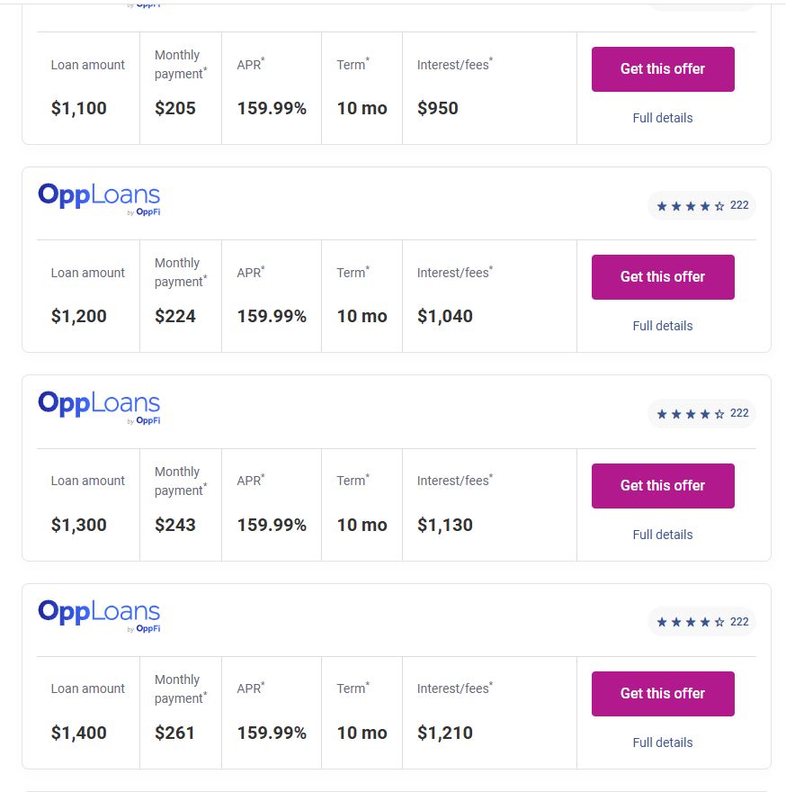 Image shows multiple loan offers from Experian for an "OppLoans" product with a 159.99% interest rate for a loan under $2,000 with a 10 month term.