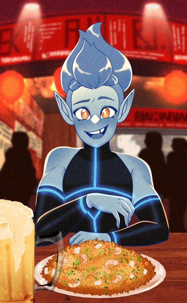 Blue fire genasi at a restaurant with people walking by behind her. 