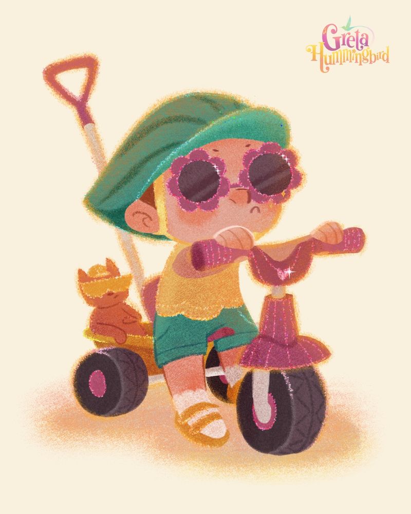 Illustration of a very cool toddler sitting on her pink tricycle, rocking flower-shaped sunglasses with a very confident, slightly grumpy attitude. Her helmet is green and has stripes like a watermelon. At the back of the tricycle, a cat is mimicking the same pose sitting in a basket, also wearing a helmet and sunglasses.