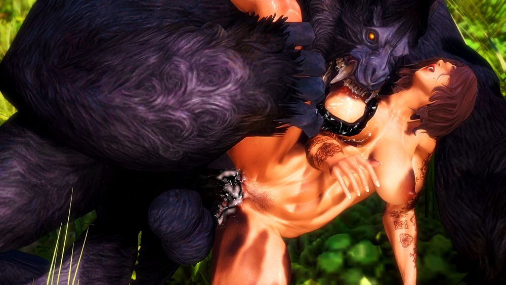 The sasquatch has buried his cock to the hilt inside of Cereliona with cum spilling out as it wraps it's long tongue around her breast, coating it in a thick layer of saliva