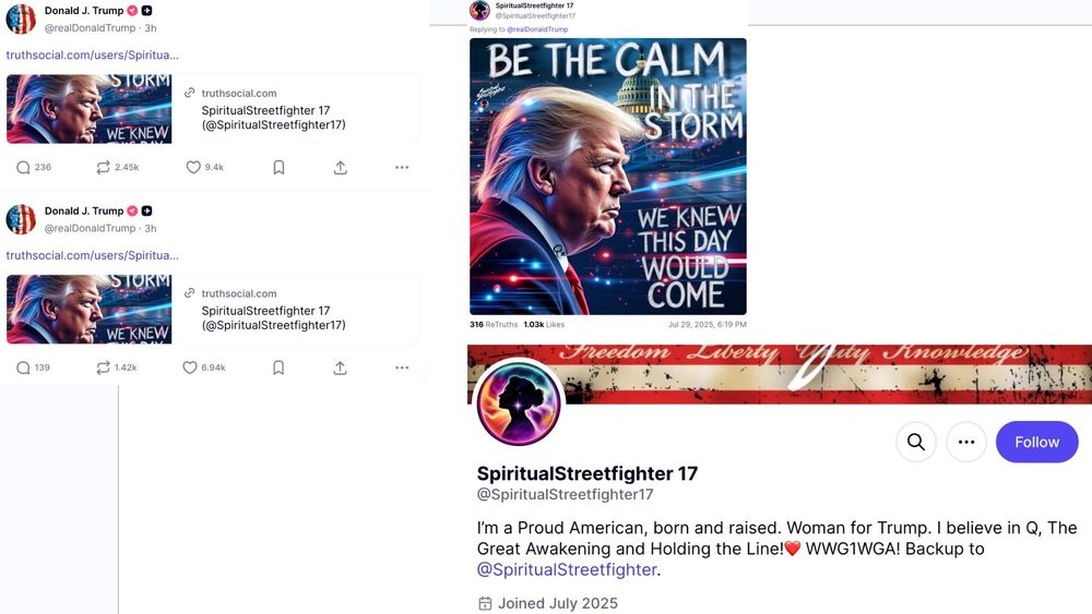 Trump twice amplifying a post from @SpiritualStreetfighter17 and evidence of @PepeDeluxe promoting QAnon.