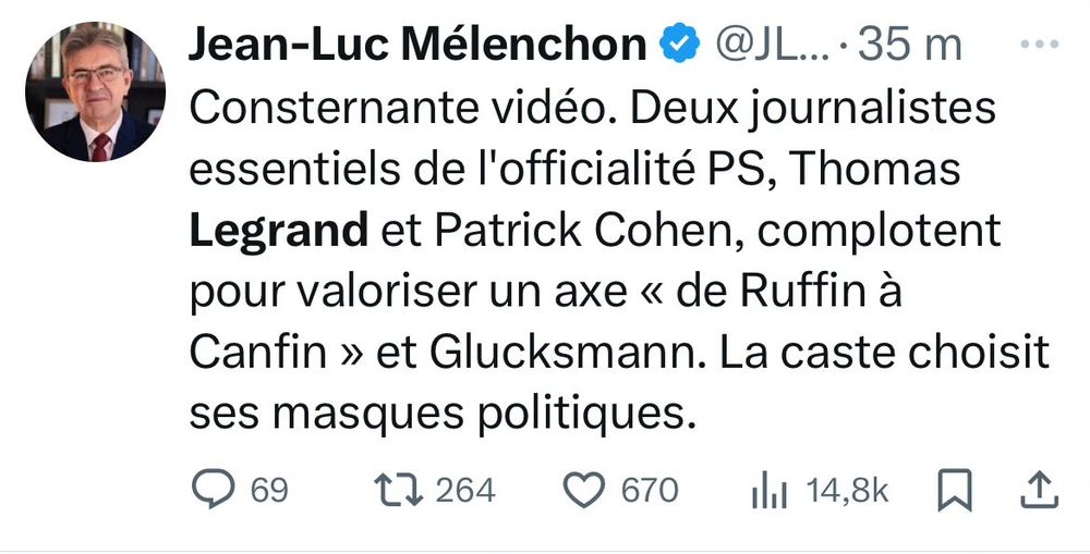 Extrait d'un tweet sur X de Jean Luc Mélenchon où il écrit" consternante vidéo deux journalistes essentiels de l'officialité ps, Thomas Legrand et Patrick Cohen complotent pour valoriser un "axe de Ruffin à Canfin et Glucksmann" la caste choisit ses masques politiques.