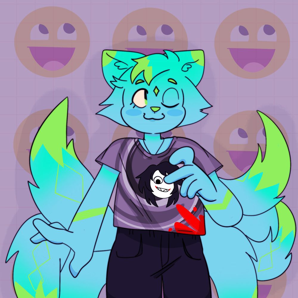 A digital illustration of an anthropomorphic 9 tailed fox. She is neon blue with neon green tipped ears and tails. She also has a diamond pattern on her arms and tails. He is winking while making a half-heart shape with his hand. He is wearing a Jeff the Killer tie-die shirt and black pants.