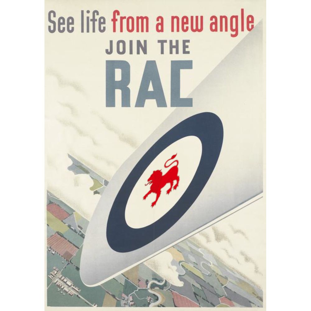 Publicity image for the Misfit Squadron series showing the wing of an aircraft and the caption "See life from a new angle. Join the RAC"