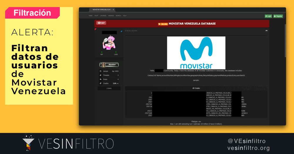 Captura de pantalla con el mensaje en un foro de un usuario anónimo queriendo vender una base de datos con información de ususarios de Movistar Venezuela.