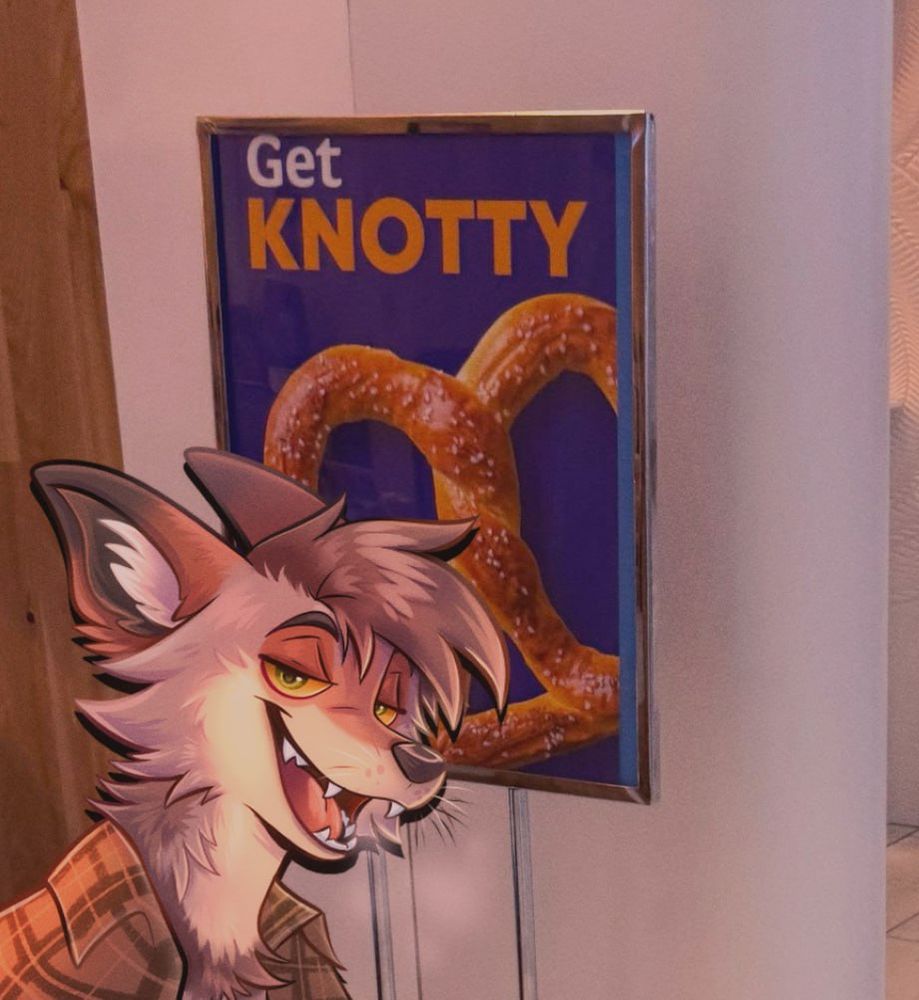 “Get knotty” pretzel advertisement with a huffy whiskey telegram sticker beneath it
