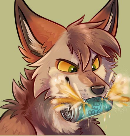 Whiskey the yote biting into a beer can